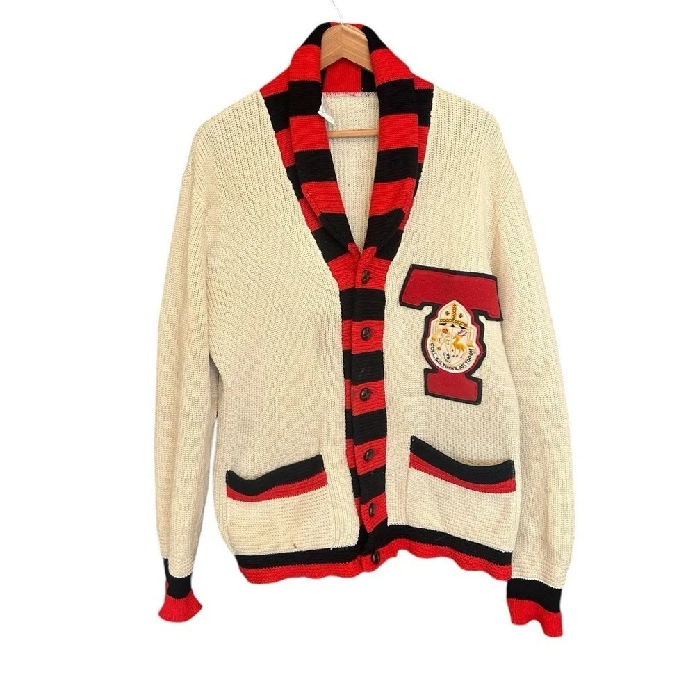 Not for sale Vintage men’s collegiate cardigan L in need of help!  I